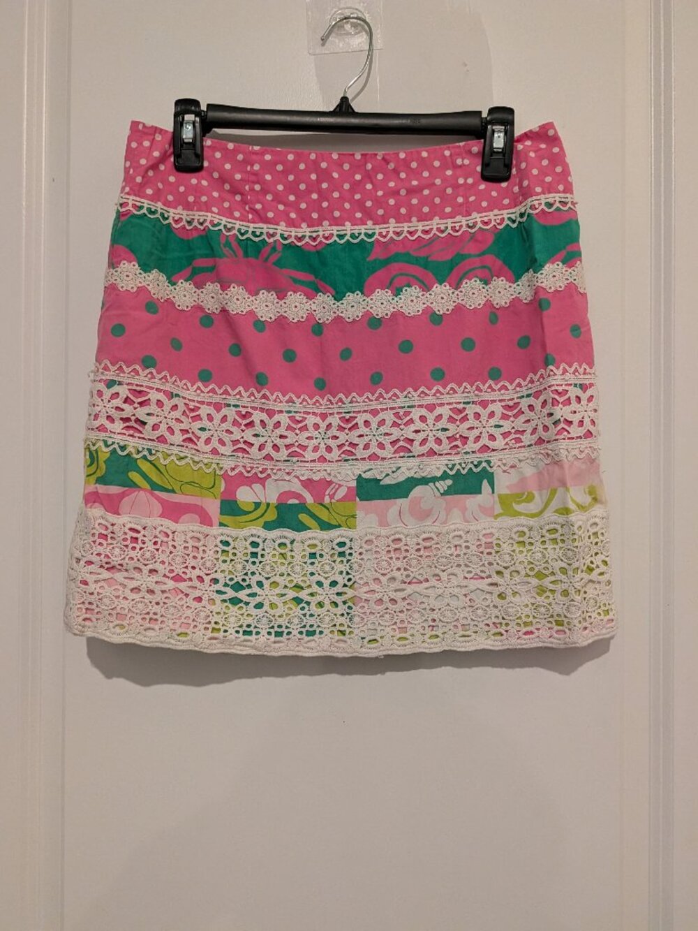 Lilly Pulitzer Mixed Print Skirt — Eyelet Lace Trim, Pink/Green, Size 4 RARE